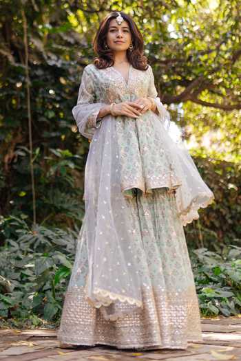 Gopi Vaid_Green Georgette, Net Embroidery, Gota Floral Print Peplum Kurta And Sharara Set _Online_at_Aza_Fashions