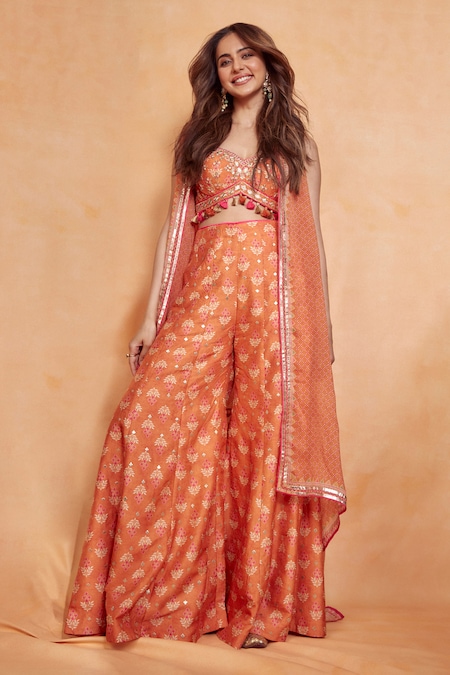 Gopi Vaid Orange Bustier Tussar Silk Print Floral Sweetheart Diamond Cape And Pant Set 
