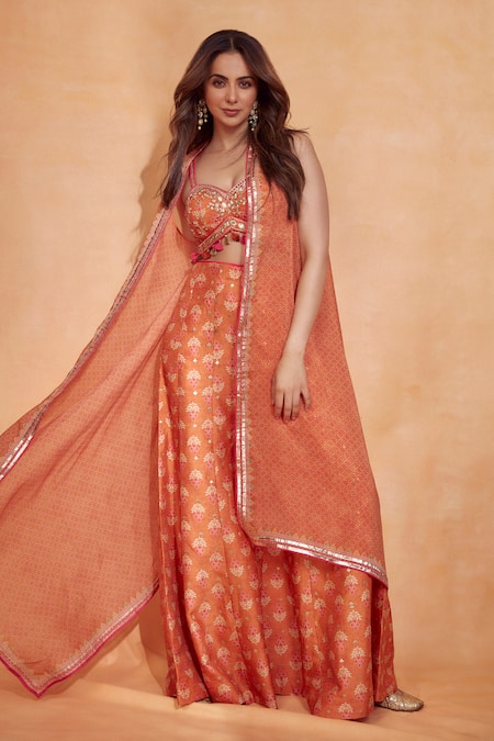 Gopi Vaid Orange Tussar, Organza Embroidery, Sequins, Diamond Print Cape And Pant Set Online at Aza Fashions Gopi Vaid_Orange Tussar, Organza Embroidery, Sequins, Diamond Print Cape And Pant Set _Online_at_Aza_Fashions