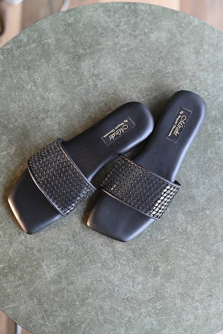 Shop Miraki Black Embellished Rhinestone Slip-on Flats at Aza Fashions Shop_Miraki_Black Embellished Rhinestone Slip-on Flats _at_Aza_Fashions