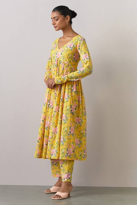 Ikshita Choudhary_Yellow Cotton Printed Floral V Neck Flower Anarkali And Pant Set_Online_at_Aza_Fashions