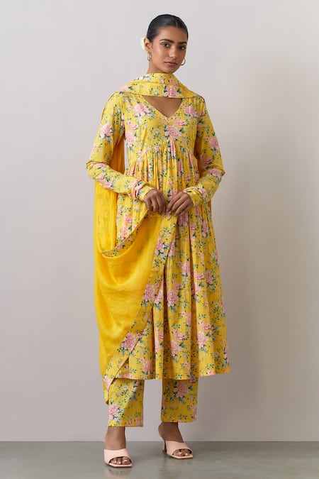 Ikshita Choudhary Yellow Cotton Printed Floral V Neck Flower Anarkali Pant Set 