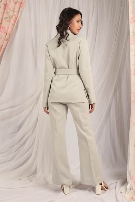 Shop House Of TA-YA Grey Lycra Buckles V-neck Layered Coat And Pant Set at Aza Fashions Shop_House Of TA-YA_Grey Lycra Buckles V-neck Layered Coat And Pant Set _at_Aza_Fashions