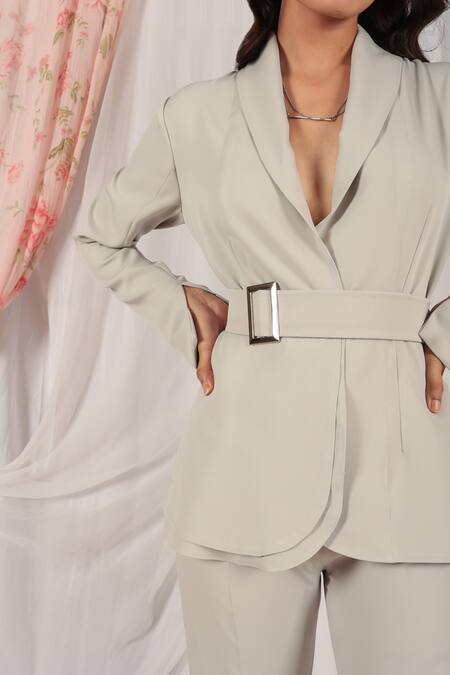 Buy House Of TA-YA Grey Lycra Buckles V-neck Layered Coat And Pant Set Online at Aza Fashions Buy_House Of TA-YA_Grey Lycra Buckles V-neck Layered Coat And Pant Set _Online_at_Aza_Fashions