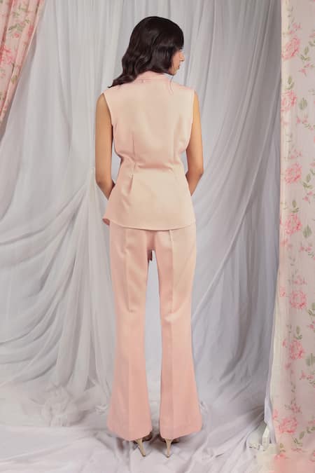 Shop House Of TA-YA Peach Lycra Collared Asymmetric Coat And Pant Set at Aza Fashions Shop_House Of TA-YA_Peach Lycra Collared Asymmetric Coat And Pant Set _at_Aza_Fashions