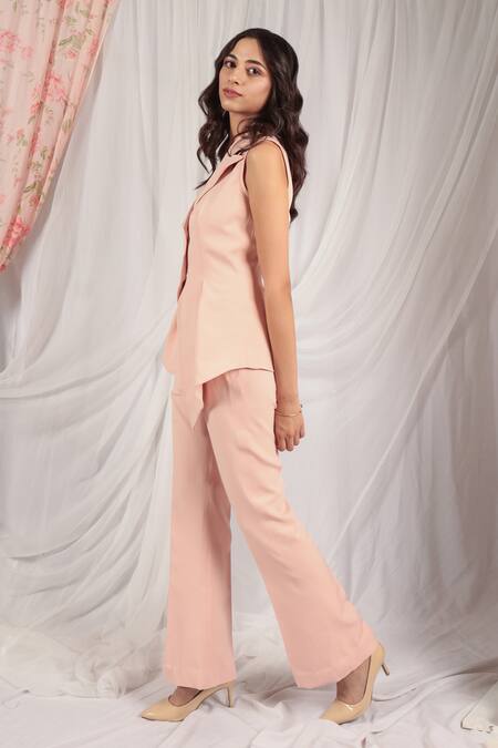 House Of TA-YA Peach Lycra Collared Asymmetric Coat And Pant Set Online at Aza Fashions House Of TA-YA_Peach Lycra Collared Asymmetric Coat And Pant Set _Online_at_Aza_Fashions
