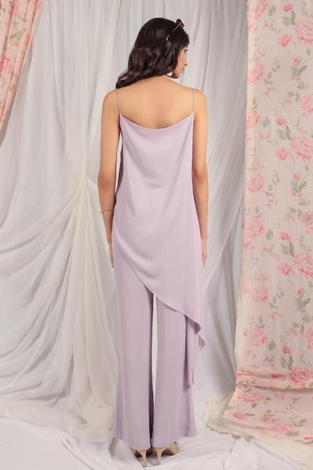 Shop_House Of TA-YA_Purple Georgette Square Neck Asymmetric Tunic And Pant Set _at_Aza_Fashions