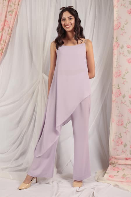 House Of TA-YA_Purple Georgette Square Neck Asymmetric Tunic And Pant Set _Online_at_Aza_Fashions