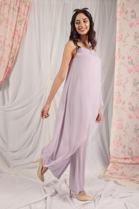 Buy_House Of TA-YA_Purple Georgette Square Neck Asymmetric Tunic And Pant Set _Online_at_Aza_Fashions
