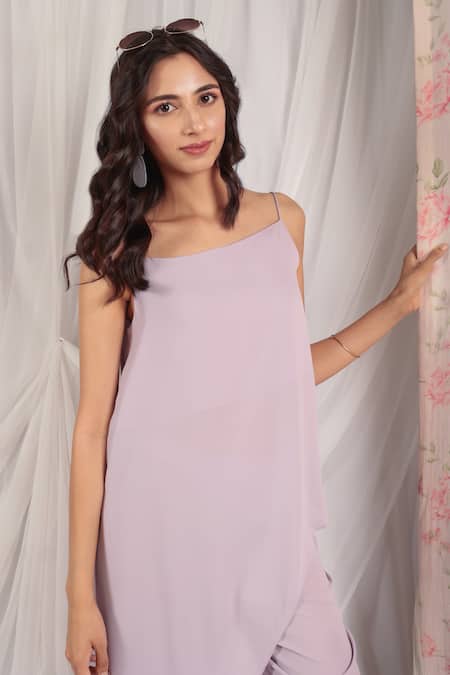 House Of TA-YA_Purple Georgette Square Neck Asymmetric Tunic And Pant Set _at_Aza_Fashions