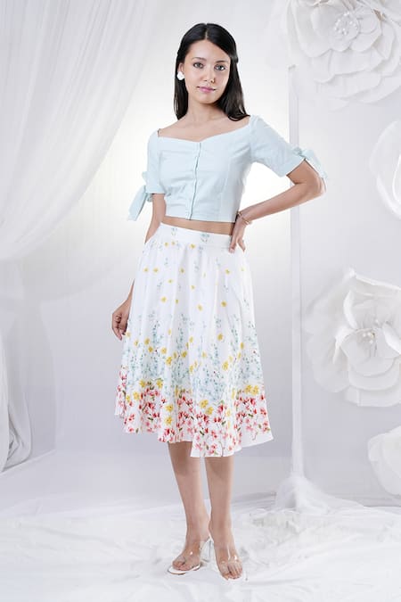 House Of TA-YA_Blue Cotton Satin Boat Neck Crop Top And Floral Print Skirt Set _Online_at_Aza_Fashions