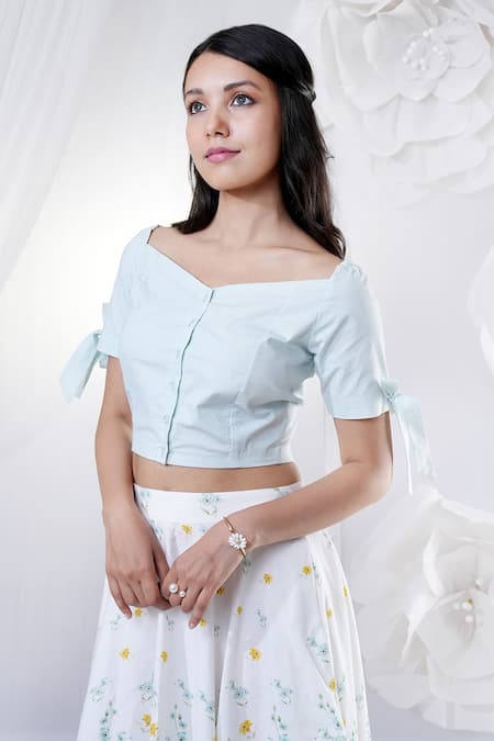 Buy_House Of TA-YA_Blue Cotton Satin Boat Neck Crop Top And Floral Print Skirt Set _Online_at_Aza_Fashions