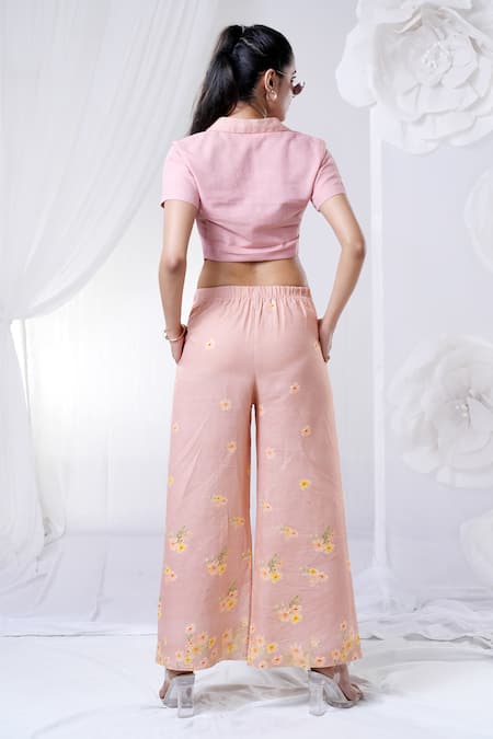 Shop_House Of TA-YA_Peach Cotton Embroidery Collared Crop Top And Floral Print Pant Set _at_Aza_Fashions