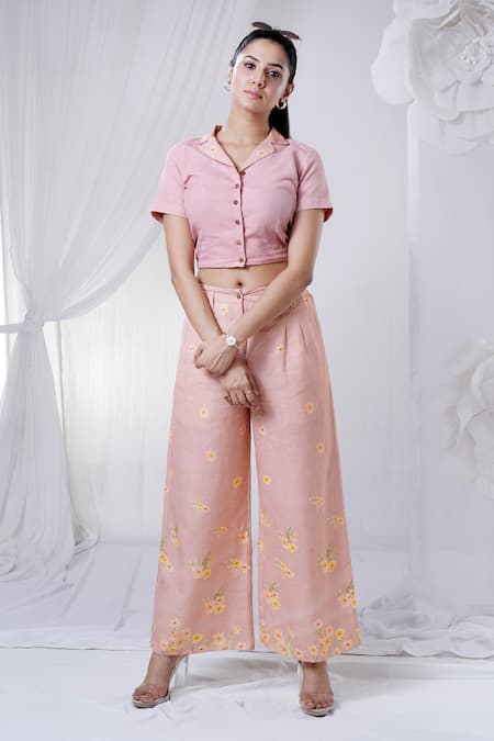 House Of TA-YA_Peach Cotton Embroidery Collared Crop Top And Floral Print Pant Set _Online_at_Aza_Fashions