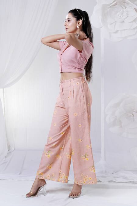 Buy_House Of TA-YA_Peach Cotton Embroidery Collared Crop Top And Floral Print Pant Set _Online_at_Aza_Fashions