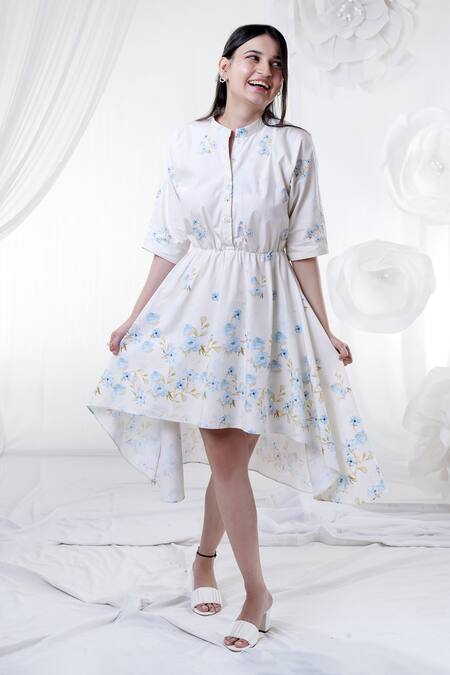 House Of TA-YA_White Cotton Embroidery Collared Asymmetric Floral Dress _Online_at_Aza_Fashions