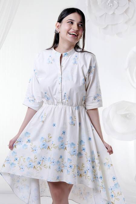Buy House Of TA-YA White Cotton Embroidery Collared Asymmetric Floral Dress Online at Aza Fashions Buy_House Of TA-YA_White Cotton Embroidery Collared Asymmetric Floral Dress _Online_at_Aza_Fashions