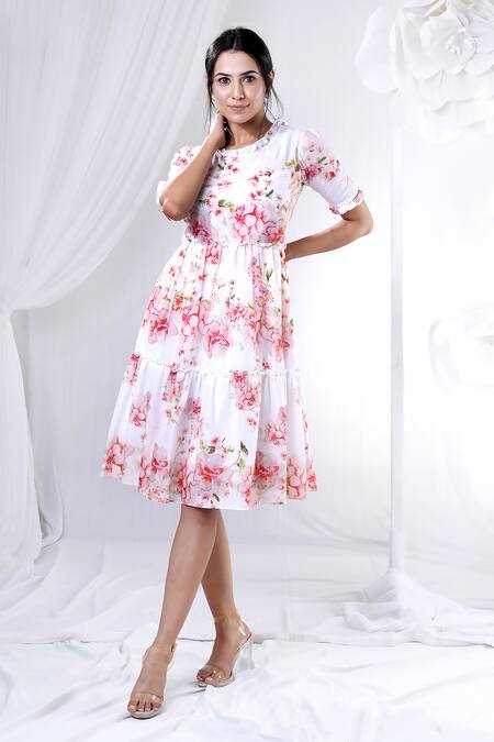Shop_House Of TA-YA_White Cotton Round Neck Floral Print Dress _Online_at_Aza_Fashions