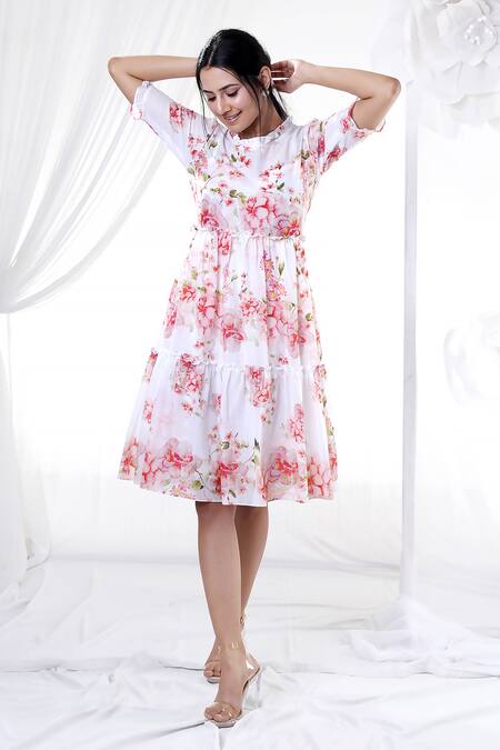 House Of TA-YA_White Cotton Round Neck Floral Print Dress _at_Aza_Fashions