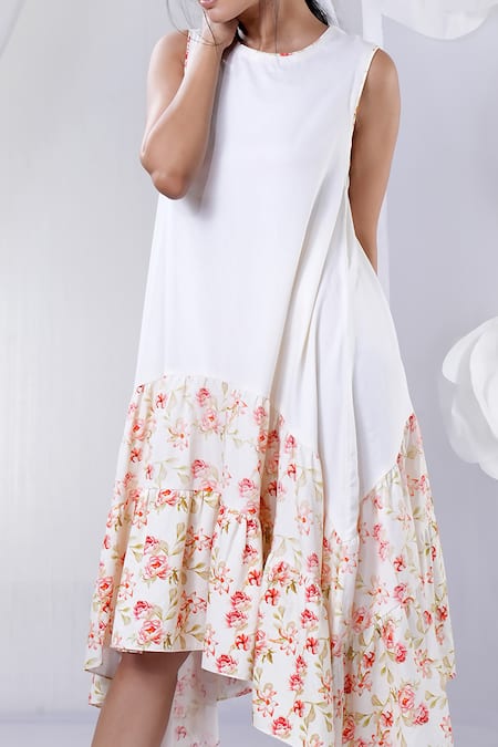 House Of TA-YA_Pink Cotton Embroidery Round Neck Floral Border Print Dress _Online_at_Aza_Fashions