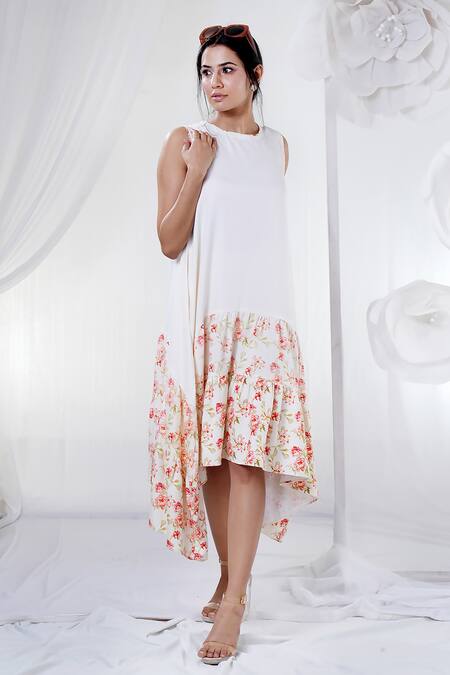 Shop_House Of TA-YA_Pink Cotton Embroidery Round Neck Floral Border Print Dress _Online_at_Aza_Fashions