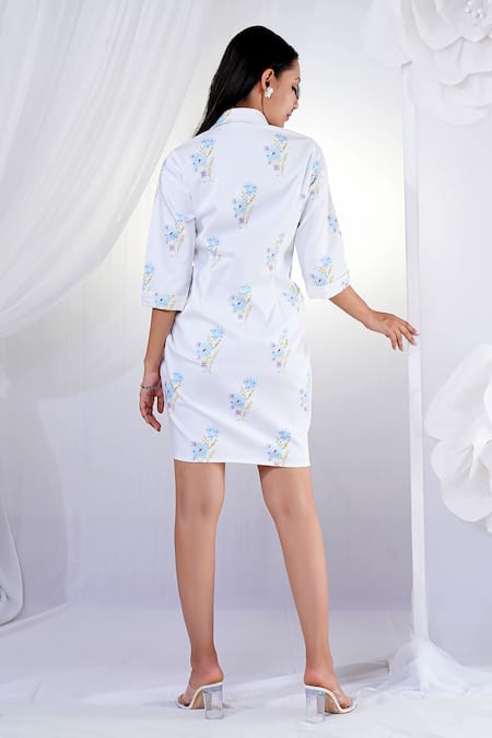 Shop House Of TA-YA Blue Cotton, Lycra Embroidery Collared Floral Print Shirt Dress at Aza Fashions Shop_House Of TA-YA_Blue Cotton, Lycra Embroidery Collared Floral Print Shirt Dress _at_Aza_Fashions