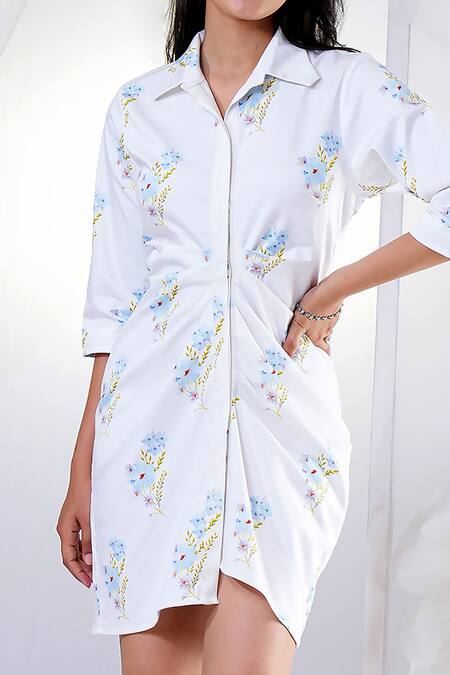 Buy House Of TA-YA Blue Cotton, Lycra Embroidery Collared Floral Print Shirt Dress Online at Aza Fashions Buy_House Of TA-YA_Blue Cotton, Lycra Embroidery Collared Floral Print Shirt Dress _Online_at_Aza_Fashions