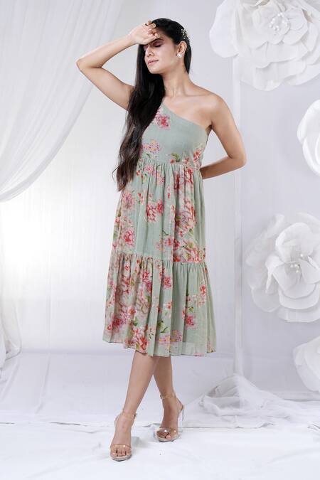Buy_House Of TA-YA_Green Cotton Asymmetric One Shoulder Printed Dress _Online_at_Aza_Fashions