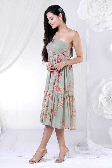 Shop_House Of TA-YA_Green Cotton Asymmetric One Shoulder Printed Dress _Online_at_Aza_Fashions