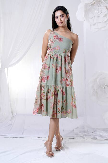 House Of TA-YA_Green Cotton Asymmetric One Shoulder Printed Dress _at_Aza_Fashions