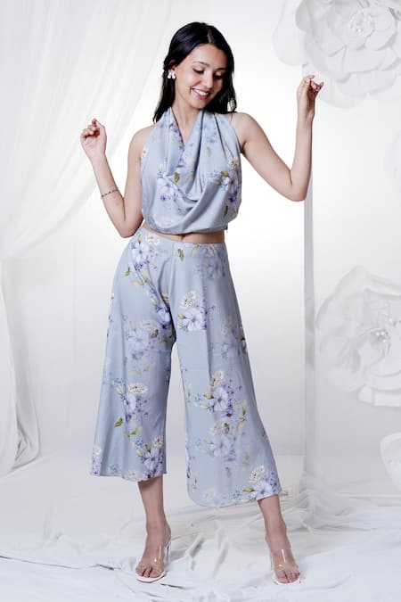 HOUSE OF TA-YA Cotton Satin Printed Cowl Top & Pant Set 