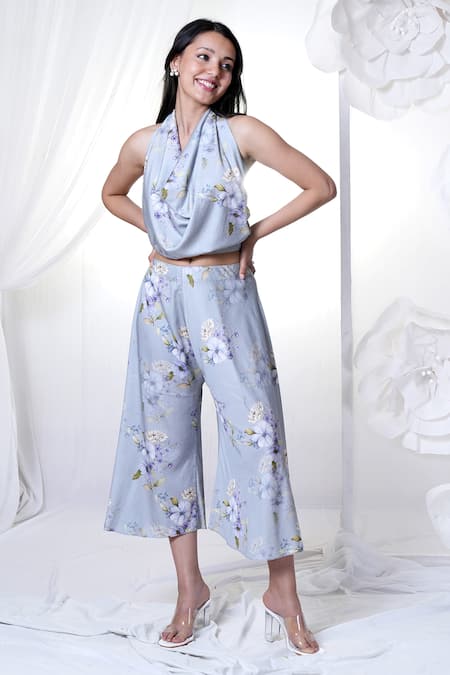 House Of TA-YA_Blue Cotton Satin Scoop Neck Printed Cowl Top And Pant Set _Online_at_Aza_Fashions