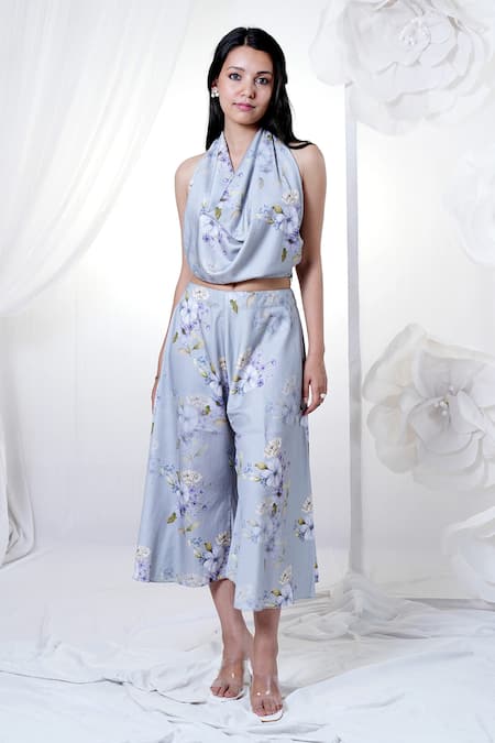 Buy_House Of TA-YA_Blue Cotton Satin Scoop Neck Printed Cowl Top And Pant Set _Online_at_Aza_Fashions