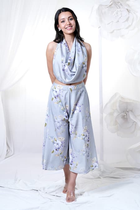 Shop_House Of TA-YA_Blue Cotton Satin Scoop Neck Printed Cowl Top And Pant Set _Online_at_Aza_Fashions