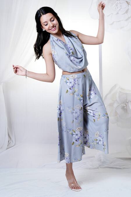 House Of TA-YA_Blue Cotton Satin Scoop Neck Printed Cowl Top And Pant Set _at_Aza_Fashions