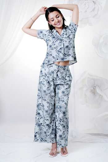 HOUSE OF TA-YA_Blue Cotton Satin Button-down Neck Printed Shirt And Flared Pant Set _Online_at_Aza_Fashions