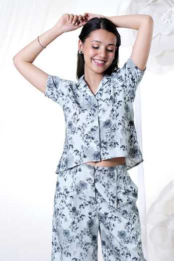 Buy_HOUSE OF TA-YA_Blue Cotton Satin Button-down Neck Printed Shirt And Flared Pant Set _Online_at_Aza_Fashions