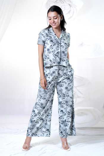 Shop_HOUSE OF TA-YA_Blue Cotton Satin Button-down Neck Printed Shirt And Flared Pant Set _Online_at_Aza_Fashions