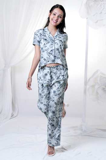 HOUSE OF TA-YA_Blue Cotton Satin Button-down Neck Printed Shirt And Flared Pant Set _at_Aza_Fashions