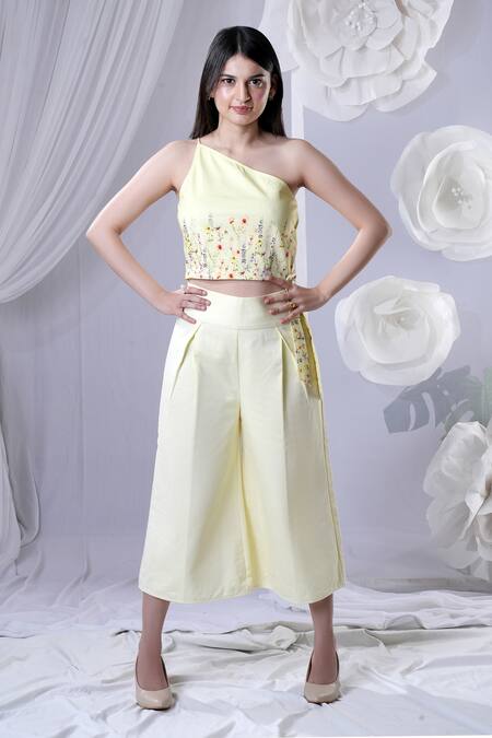 House Of TA-YA_Yellow Cotton Satin Embroidery Asymmetric One Shoulder Top And Culottes Set _Online_at_Aza_Fashions