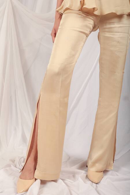Shop House Of TA-YA Gold Modal, Satin Boat Neck Sleeveless Top And Bell Bottom Pant Set Online at Aza Fashions Shop_House Of TA-YA_Gold Modal, Satin Boat Neck Sleeveless Top And Bell Bottom Pant Set _Online_at_Aza_Fashions