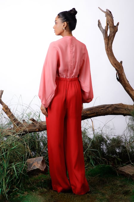 Shop Omana By Ranjana Bothra Pink Satin Pearls Boat Neck Colour Block Jumpsuit at Aza Fashions Shop_Omana By Ranjana Bothra_Pink Satin Pearls Boat Neck Colour Block Jumpsuit _at_Aza_Fashions
