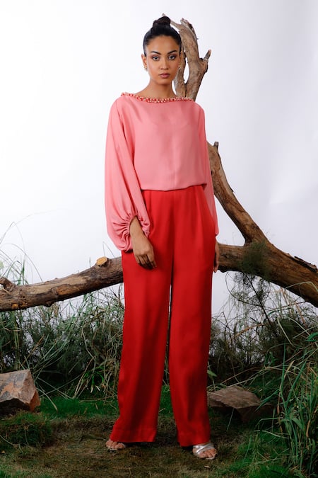 Omana By Ranjana Bothra Pink Satin Pearls Boat Neck Colour Block Jumpsuit Online at Aza Fashions Omana By Ranjana Bothra_Pink Satin Pearls Boat Neck Colour Block Jumpsuit _Online_at_Aza_Fashions