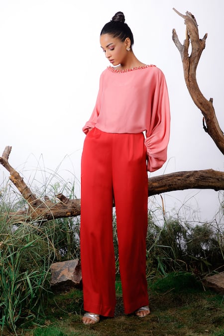 Buy Omana By Ranjana Bothra Pink Satin Pearls Boat Neck Colour Block Jumpsuit Online at Aza Fashions Buy_Omana By Ranjana Bothra_Pink Satin Pearls Boat Neck Colour Block Jumpsuit _Online_at_Aza_Fashions
