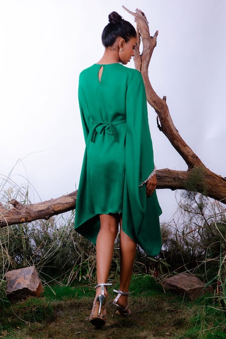 Shop Omana By Ranjana Bothra Green Satin Pearls Round Neck Embellished Dress at Aza Fashions Shop_Omana By Ranjana Bothra_Green Satin Pearls Round Neck Embellished Dress _at_Aza_Fashions