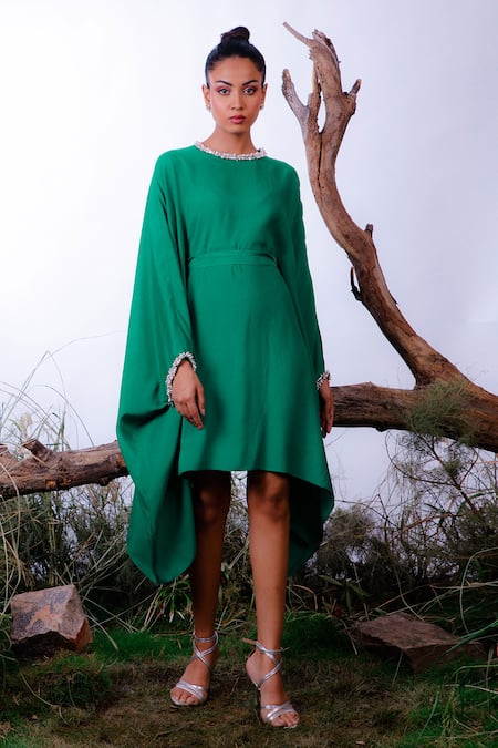 Omana By Ranjana Bothra Green Satin Pearls Round Neck Embellished Dress Online at Aza Fashions Omana By Ranjana Bothra_Green Satin Pearls Round Neck Embellished Dress _Online_at_Aza_Fashions
