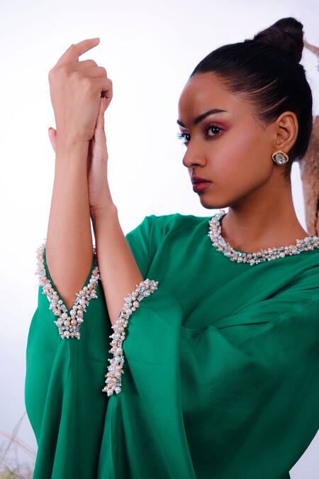 Shop Omana By Ranjana Bothra Green Satin Pearls Round Neck Embellished Dress Online at Aza Fashions Shop_Omana By Ranjana Bothra_Green Satin Pearls Round Neck Embellished Dress _Online_at_Aza_Fashions