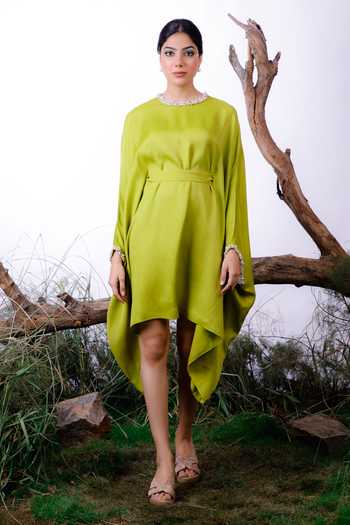 Omana By Ranjana Bothra_Green Satin Pearls Round Neck Draped Short Dress _Online_at_Aza_Fashions