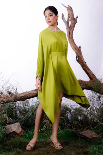 Buy_Omana By Ranjana Bothra_Green Satin Pearls Round Neck Draped Short Dress _Online_at_Aza_Fashions