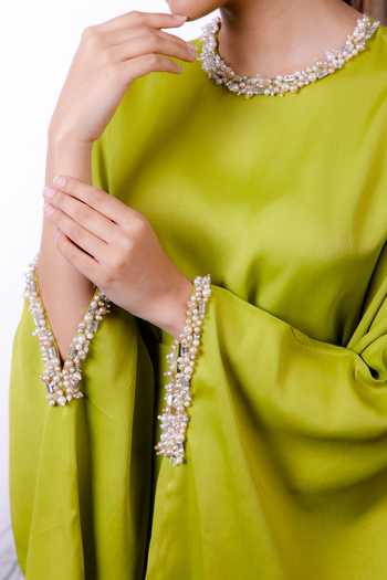Shop_Omana By Ranjana Bothra_Green Satin Pearls Round Neck Draped Short Dress _Online_at_Aza_Fashions